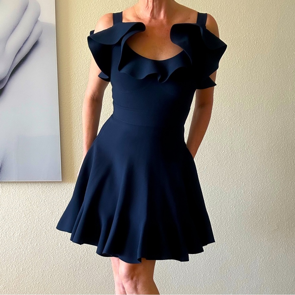 Alexander McQueen NAVY ruffle cold Shoulder Dress S $1,450 NEW